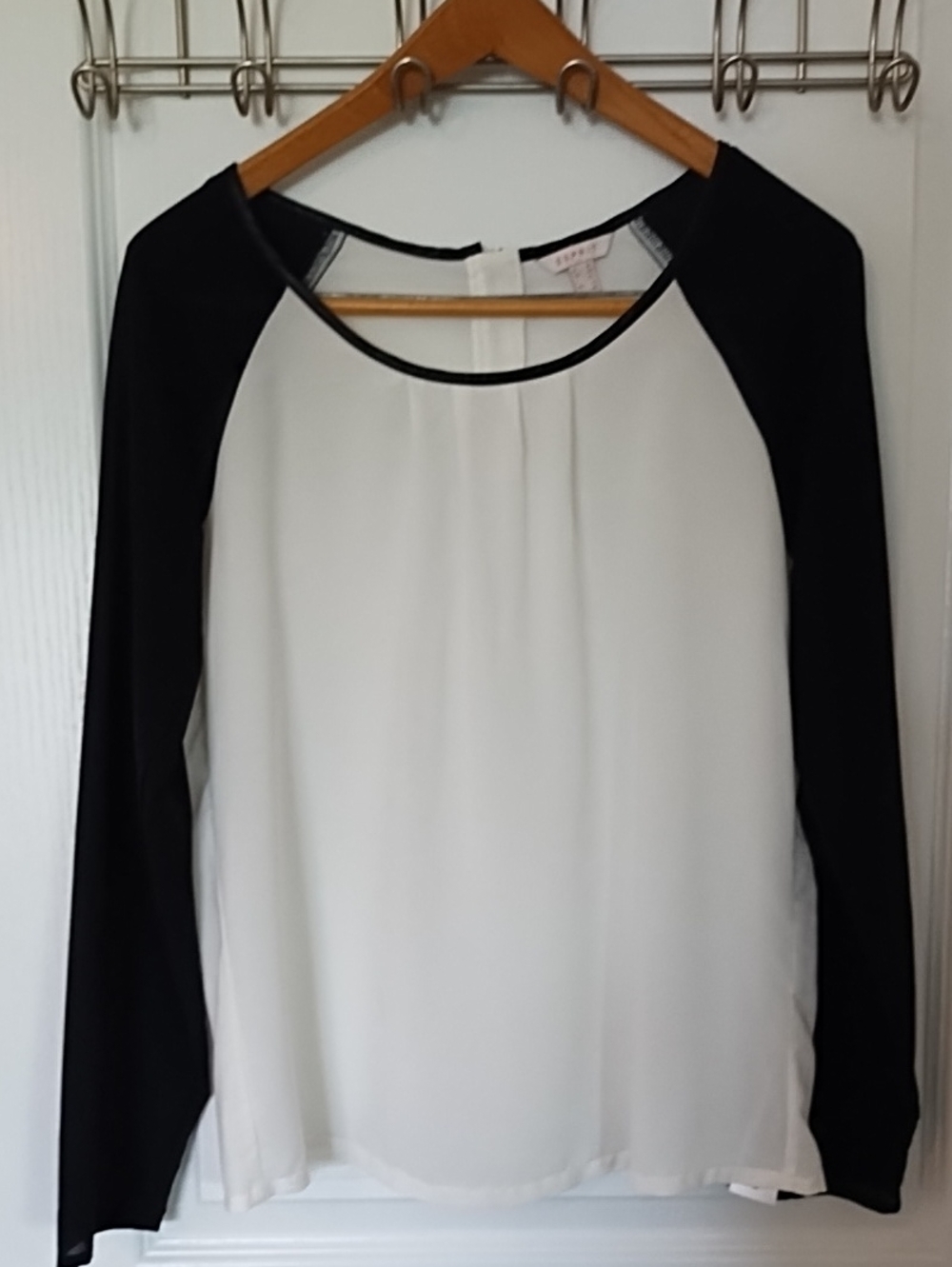 Esprit Sheer Raglan Long Sleeve Blouse Black White Retro 90s Minimalist Size 8